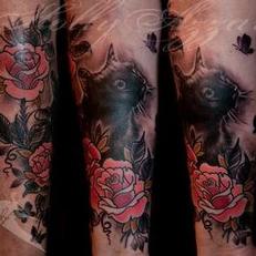 Tattoos - Pagoda City cat portrait memorial tattoo spread - 115550